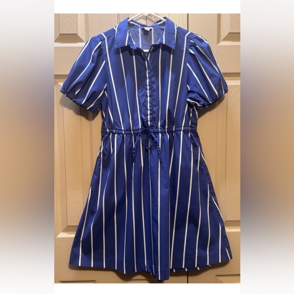 J Crew Dress Puff Sleeve Drawstring Waist Blue White Stripe Shirt Dress Size 4
